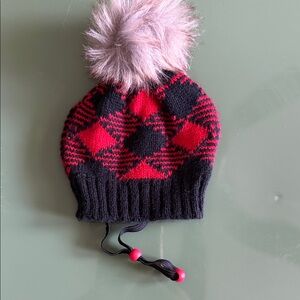 Cozy Red and Black Pet Pom-Pom Beanie with Adjustable Chin Strap Size S/M NWOT
